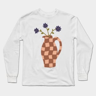 large terracotta checkerboard pitcher vase with a trio of blue flowers Long Sleeve T-Shirt